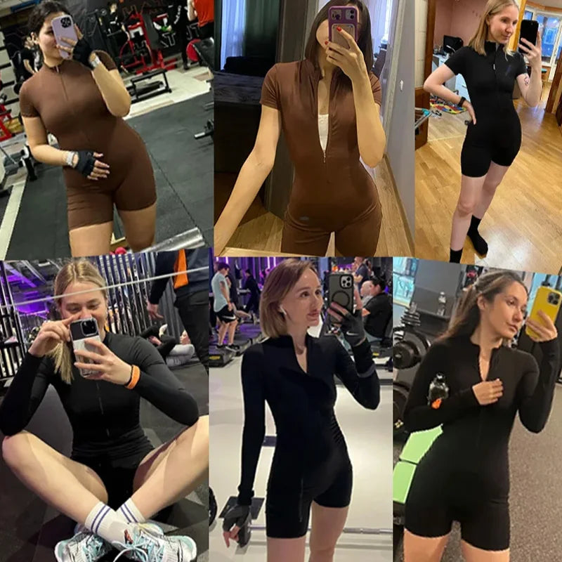 Collage of a person wearing different black and brown athletic outfits in various settings.