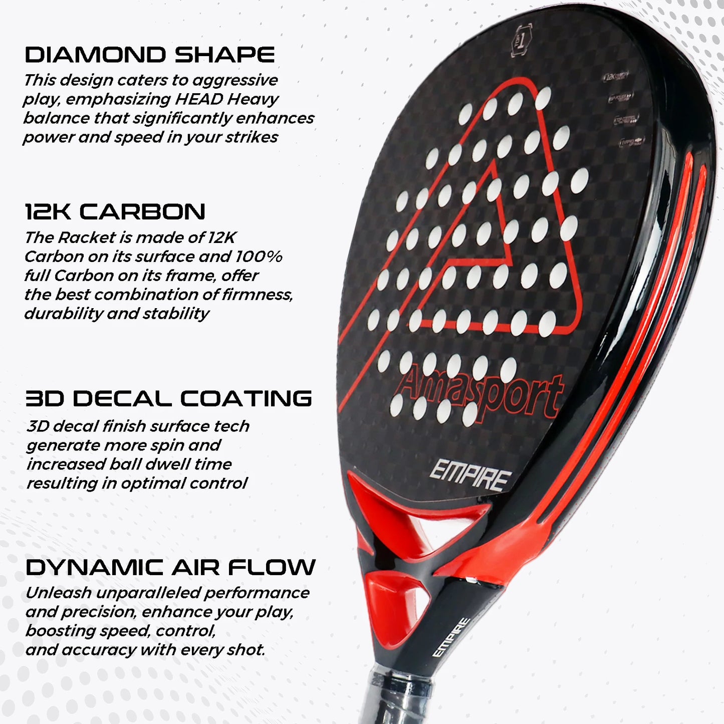 AMASPORT 3k/12k/18k Padel Tennis Racquets High Density & Quality With Padel Bags For Racket EVA Memory Flex Foam Core For Unisex - Ravar