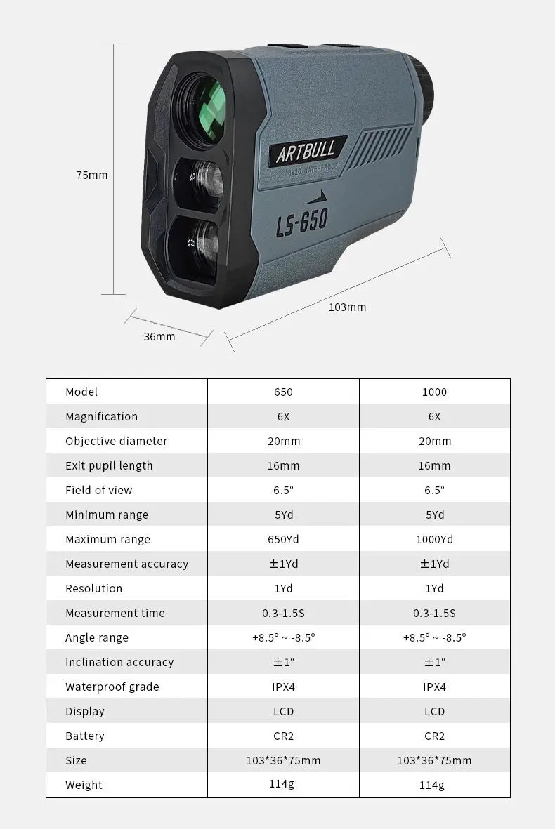 ARTBULL Golf Laser Rangefinder – 1000M/650M Distance Meter with Flagpole Lock, Slope Compensation & 6X Magnification (Model LS-1000) - Ravar
