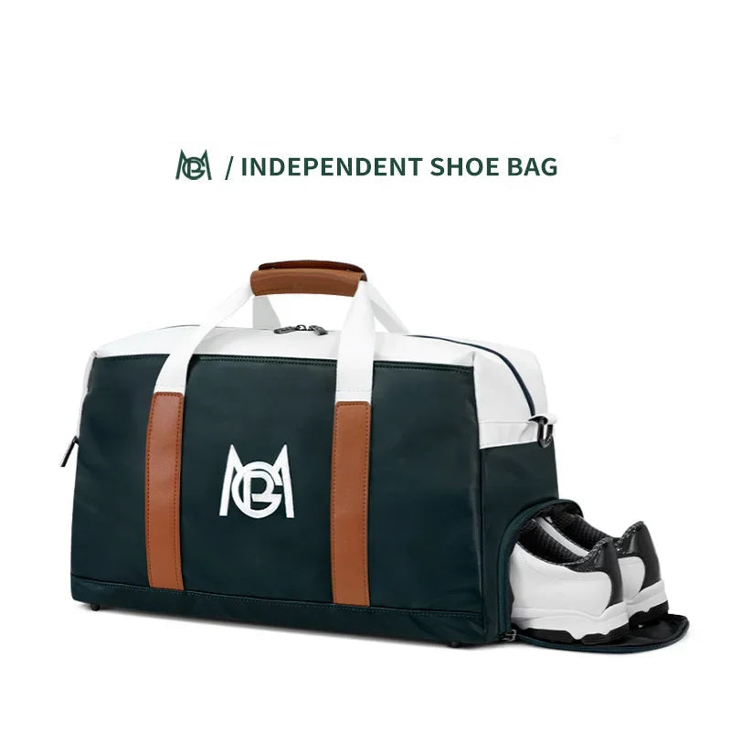 Black and white duffel bag with brown accents and a shoe inside, on a white background.