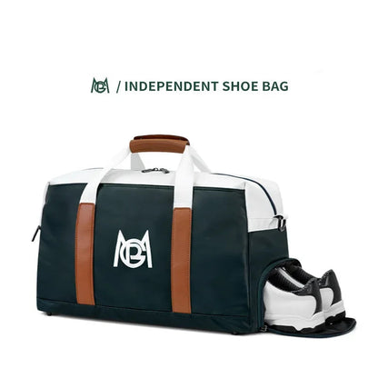 Black and white duffel bag with brown accents and a shoe inside, on a white background.