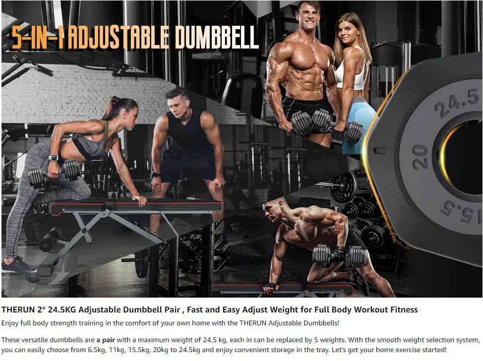 49KG Pair Adjustable Dumbbells, 24.5KG 5-in-1 Dumbbell Set with Anti-Slip Fast Adjust Turning Handle for Body Workout Fitness - Ravar