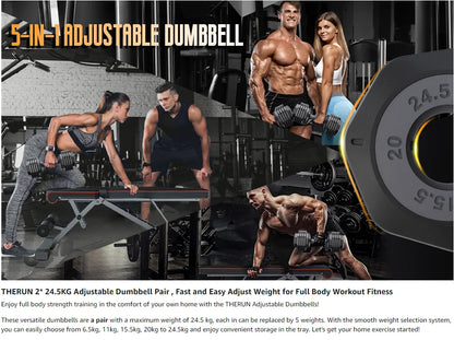 49KG Pair Adjustable Dumbbells, 24.5KG 5-in-1 Dumbbell Set with Anti-Slip Fast Adjust Turning Handle for Body Workout Fitness - Ravar