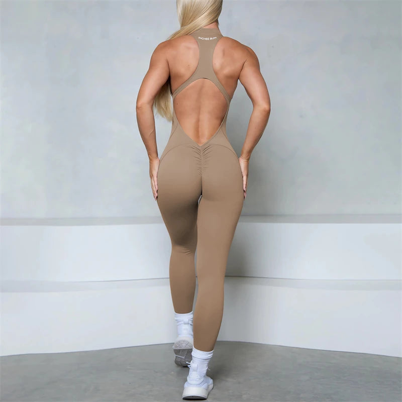 Women’s Scrunch Butt Jumpsuit – Sleeveless Zipper Gym & Yoga Workout Outfit - Ravar