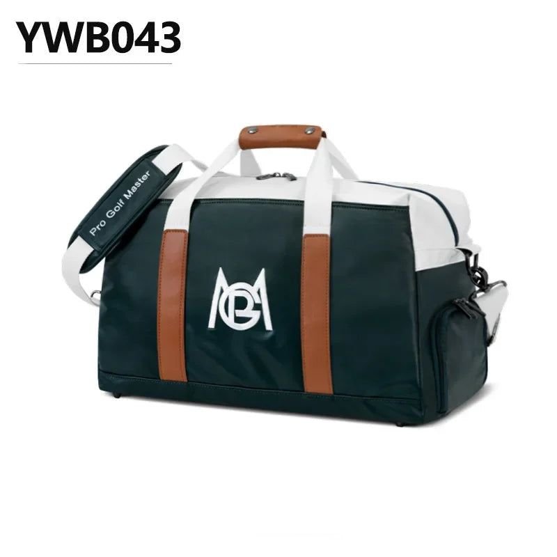 Black and white duffel bag with brown straps on a white background