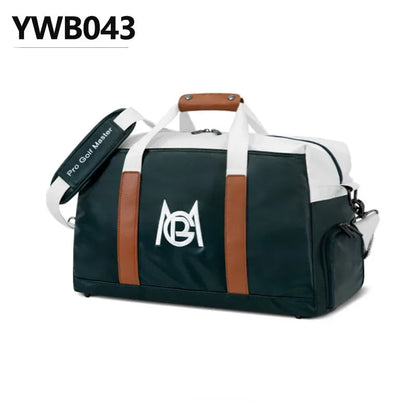 Black and white duffel bag with brown straps on a white background