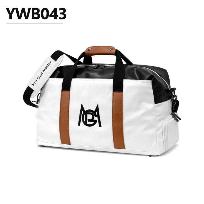 White and black duffel bag with brown accents on a white background