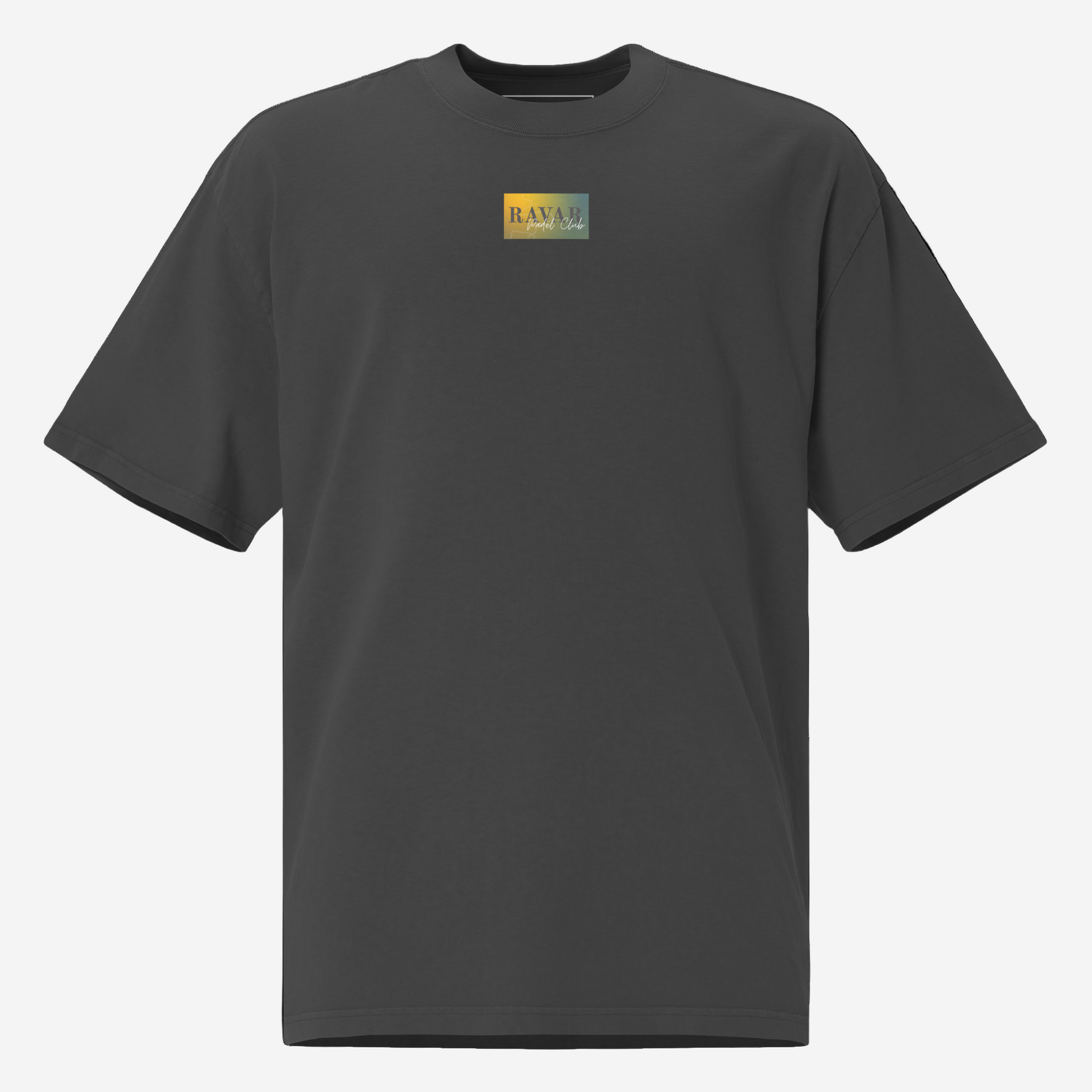 Black t-shirt with a small colorful logo on a white background